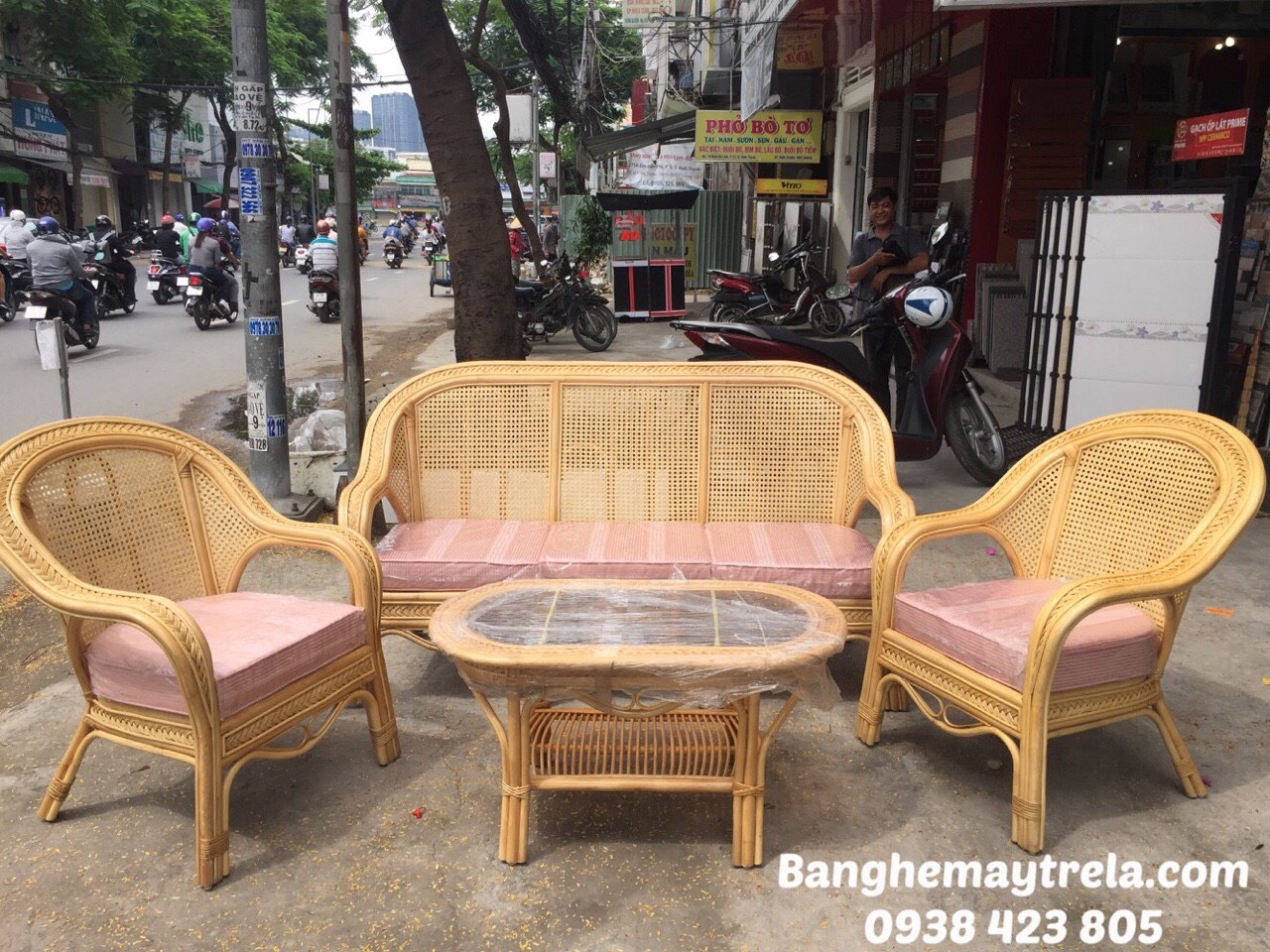 Bàn ghế sofa mây kết hợp lưới mắt cáo